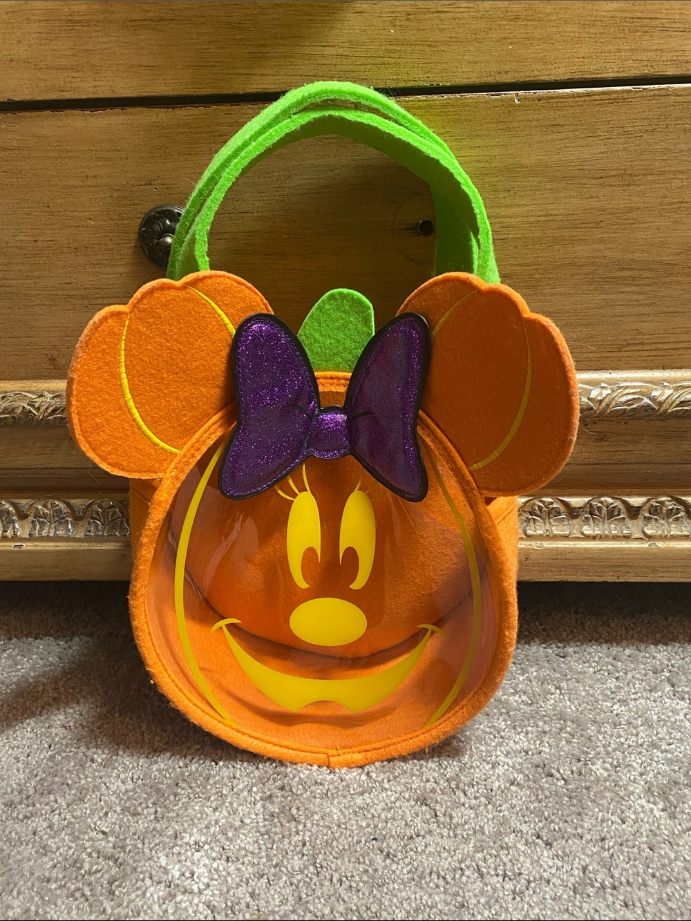 Disney Orange Pumpkin Minnie Trick-or-Treat Bag with Purple Bow and Green Handle